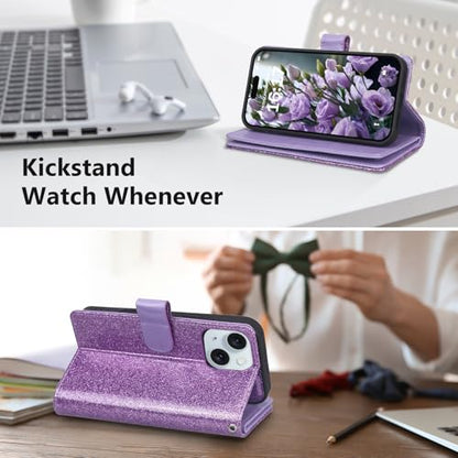 Varikke for iPhone 14 Plus Wallet Case Detachable with Card Holder for Women, Fashion Glitter Leather Strap Strong Magnetic Flip Wallet Removable Phone Case Cover for iPhone 14 Plus 6.7", Light Purple | Strong Magnetic Detachable, with 9-Card Holder Slots