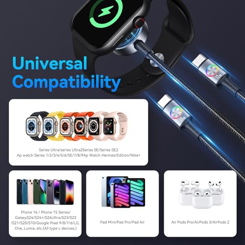 72W Super Fast Charging 3-in-1 Multi Charging Cable, Dual USB-C Ports for iWatch Ultra/SE/10-1/iPhone 17/16/15 Pro, Multi Charger for Apple Watch, Galaxy Phone Travel Essentials (Pack of 2) - size: 4 feet (Pack of 2)
