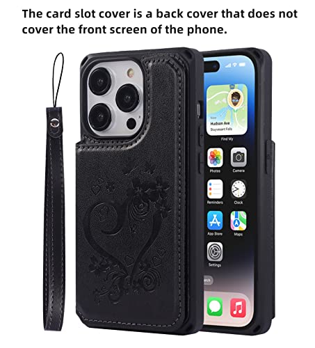 iCoverCase Compatible with iPhone 14 Pro Wallet Phone Case with Card Holder for Women, RFID Blocking Embossed PU Leather Wrist Strap Case 6.1 Inch (Heart Black) - color: H-Black
