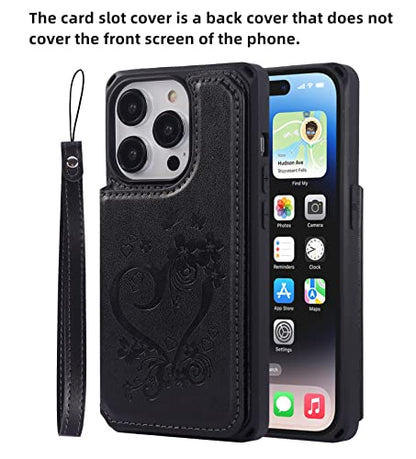 iCoverCase Compatible with iPhone 14 Pro Wallet Phone Case with Card Holder for Women, RFID Blocking Embossed PU Leather Wrist Strap Case 6.1 Inch (Heart Black) - color: H-Black
