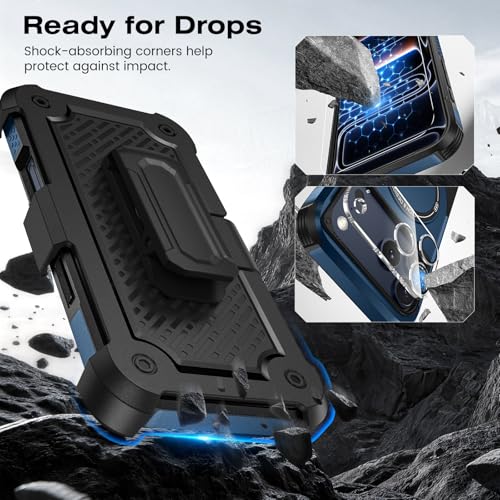 Caka 4-in-1 for iPhone 17 Pro Max Case with Belt Clip Holster and Stand | HD Glass Screen & Camera Lens Protector, Compatible with MagSafe, Hidden Kickstand, Rugged Heavy Duty Shockproof Phone Cover - color: Blue