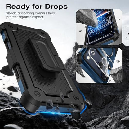 Caka 4-in-1 for iPhone 17 Pro Max Case with Belt Clip Holster and Stand | HD Glass Screen & Camera Lens Protector, Compatible with MagSafe, Hidden Kickstand, Rugged Heavy Duty Shockproof Phone Cover - color: Blue