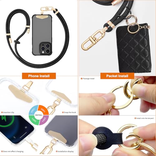 Phone Strap with Leather Zipper Pouch Bag, Hands-Free Phone Charm Holder Neck Strap Stylish Crossbody Adjustable Chain Lanyard with Wallet for All Phones