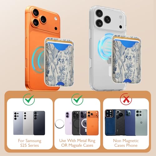 Compatible with Magsafe Wallet Magnetic Card Holder - Blue Flower Phone Wallets for Women Teen Girls Cute for iPhone 17/16/15/14/13/12 Series Slim for Apple Mag RFID Magnet,Fit 3 Cards - color: Blue Flower