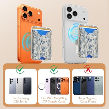 Compatible with Magsafe Wallet Magnetic Card Holder - Blue Flower Phone Wallets for Women Teen Girls Cute for iPhone 17/16/15/14/13/12 Series Slim for Apple Mag RFID Magnet,Fit 3 Cards - color: Blue Flower