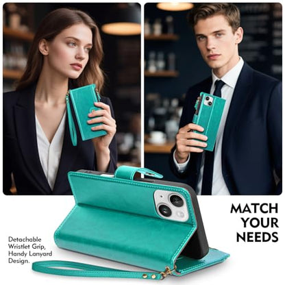 Compatible with iPhone 13 Wallet Case with Card Holder RFID Blocking Zipper Poket PU Leather Flip Phone Case with Wrist Strap Credit Card Slots Men Women,for Apple 13 6.1",Blue Green - color: Blue Green, size: iPhone 13 - 6.1"