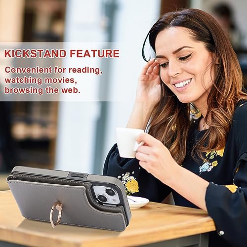 Folosu Compatible with iPhone 14 Case Wallet with Card Holder, 360°Rotation Finger Ring Holder Kickstand, RFID Blocking Leather Protective Double Buttons Shockproof Cover 6.1 Inch Gray - color: Gray, size: iPhone 14