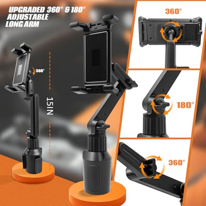 Cup Holder Tablet Mount for Car & Truck, Heavy Duty iPad Holder for Car, 15" Long Dual-Arm Adjustable Tablet Car Mount for iPad Pro 12.9/11/Air/Mini, Galaxy Z Fold 6/5/4, iPhone 17-11 (4.7-12.9")