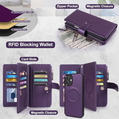 Magnetic Case for iPhone 16 Pro Max Wallet Compatible with Magsafe RFID Blocking Card Holder Detachable Phone Cover Kickstand Snap Strap Zipper Pocket PU Leather 6.9 inch 2024 (Purple) - color: Purple, size: iPhone 16 Pro Max