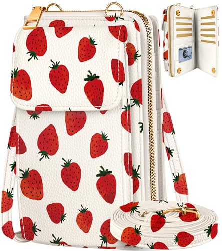 Leather Cell Phone Purse Crossbody Bag for Women | Adjustable Shoulder Strap, Card Slots, Secure Wallet Interior, Cute Pattern Styles, Small Carry for Travel and Daily Use - color: Strawberry