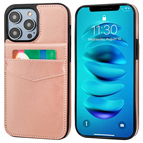 KIHUWEY for iPhone 14 Pro Max Wallet Case Card Holder Kickstand, Rose Gold | Credit Card Slots, PU Leather, Magnetic Clasp, Flip Heavy Duty Protection Cover for Men and Women - color: Rose Gold