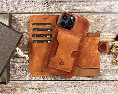 Venito Florence Leather Wallet Phone Case Compatible with iPhone 13 Pro (6.1 inch) - Extra Secure with RFID Blocking - Detachable Phone Wallet (Antique Brown) - color: Antique Brown, size: iPhone 13 Pro