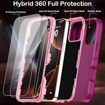 for iPhone 16 Pro Case with Screen Protector,Built-in Invisible Kickstand,Heavy Duty Shockproof Drop Protection Military Grade Tri-Layer Rugged Durable Cell Phone Cover for Apple 16 Pro 6.3"(Purple - color: Purple