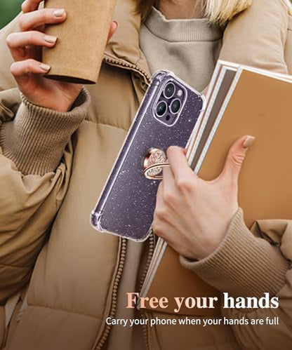 GVIEWIN Gritter Cell Phone Ring Holder, Metal Kickstand Grip 360° Rotation - color: PinkGold Glitter