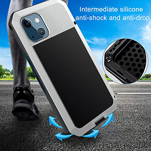 for iPhone 13 Case, 360 Full Body Protective Cover Heavy Duty Shockproof Tough Armour Aluminum Metal Case with Silicone Built-in Screen Protector for Apple iPhone 13 6.1 Inch - Silver - color: Silver