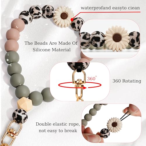 Silicone Beaded Phone Wrist Strap for Women, Elastic Wristlet - color: Daisy Leopard