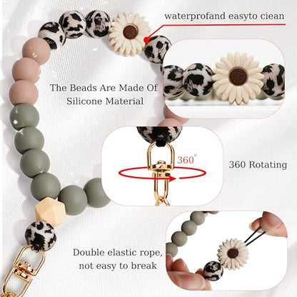 Silicone Beaded Phone Wrist Strap for Women, Elastic Wristlet - color: Daisy Leopard