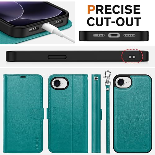 TUCCH Detachable 2-in-1 Wallet Case for iPhone 17e/16e (6.1"), Cyan | RFID Blocking, 4 Card Slots, Wrist Strap, Wireless Charging, Stand, Shockproof TPU, PU Leather, Magnetic, Folio Cover - color: Textured Cyan