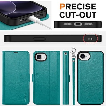 TUCCH Detachable 2-in-1 Wallet Case for iPhone 17e/16e (6.1"), Cyan | RFID Blocking, 4 Card Slots, Wrist Strap, Wireless Charging, Stand, Shockproof TPU, PU Leather, Magnetic, Folio Cover - color: Textured Cyan