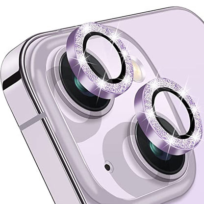 Compatible with iPhone 14 & 14 Plus Camera Lens Protector, Bling Glitter Diamond Lens Cover 9H Tempered Glass Camera Cover Anti Scratch Shockproof Screen Protector Individual Lens Ring - 2PCS - color: Purple Glitter