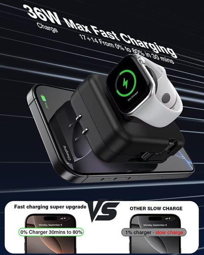 3 in 1 Retractable Wall Charger for Apple Watch,36W Fast Charging Block with 31 Inch Cables,Multi-Device Travel Charger for iPhone 17/16/15/14/13/12, iWatch & AirPods (Black) - color: Black