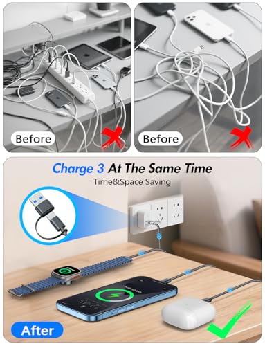 2Pack Travel Essentials for Apple Watch Charger,3-in-2 Multi Charging Cable - color: Black, size: 2Pack-4FT