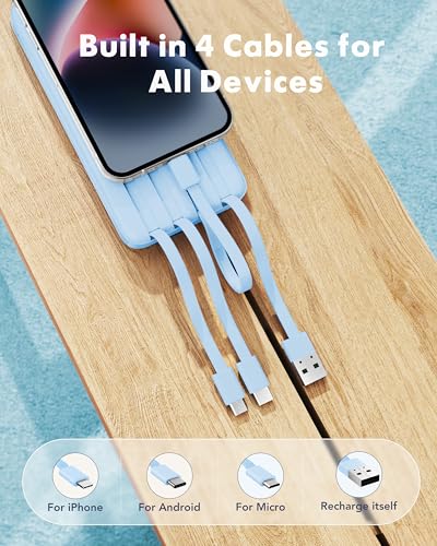 charmast Power Bank Portable Charger with Reinforced Built-in 4 Cables - color: SkyBlue