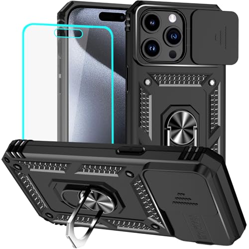 HNHYGETE for iPhone 15 Pro Case with HD Screen Protector: [Military Grade 20ft. Drop Tested] Slide Camera Cover Ring Shockproof Protective Phone Case for - iPhone 15 Pro (Black) - color: Black, size: iPhone 15 Pro
