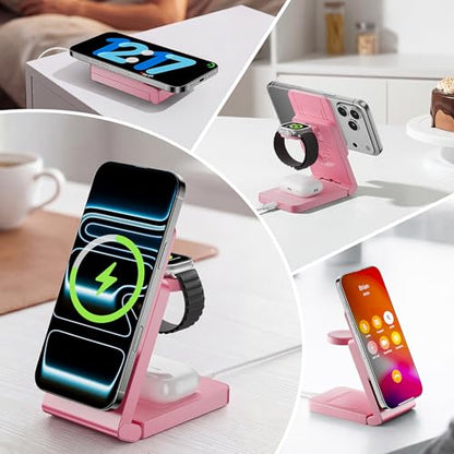 3-in-1 Charging Station for Apple Devices, Foldable Magnetic Wireless Charger Stand, Fast Charger Station for iPhone17/16/15/14/13/12 Pro Max/ AirPods2/3/4 and IWatch Ultra Series(Pink) - color: Pink