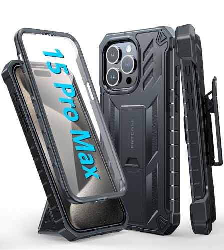 FNTCASE for iPhone 15 Pro Max Case with Belt Clip, Rugged Kickstand | Built-in Screen Protector, Military-Grade Drop Protection, Heavy Duty Shockproof Holster Protective Cover - color: T-Black