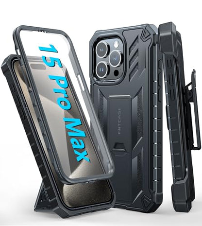 FNTCASE for iPhone 15 Pro Max Case with Belt Clip, Rugged Kickstand | Built-in Screen Protector, Military-Grade Drop Protection, Heavy Duty Shockproof Holster Protective Cover - color: T-Black