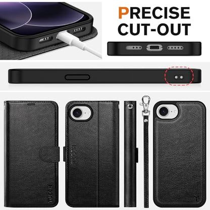 TUCCH Detachable 2-in-1 Case Wallet for iPhone 17e/16e 6.1", Textured Black | 4 Card Slots, RFID Blocking, Wireless Charging, Viewing Stand, Wrist Strap, PU Leather, Shockproof TPU, Magnetic, Flip Cover - color: Black - Textured