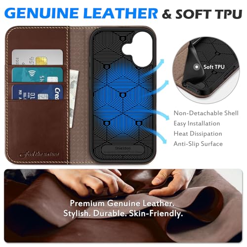 SHIELDON Real Leather Magnetic Case Wallet for iPhone 17 6.3", Retro Coffee | Flip Magnetic Cover, Kickstand, RFID Blocking, 3 Credit Card Holder, Book Design, Shockproof, Soft Inner Phone Case - color: Retro Coffee