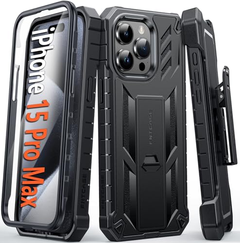 FNTCASE for iPhone 15-Pro-Max Phone Case 6.7", Built-in Screen Protector & Kickstand & Belt-Clip Heavy Duty Military Grade Shockproof Protection Rugged Case - Black | Built-in Screen Protector, Military-Grade Drop Protection, Heavy Duty Shockproof Holster