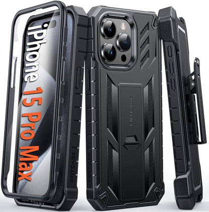 FNTCASE for iPhone 15-Pro-Max Phone Case 6.7", Built-in Screen Protector & Kickstand & Belt-Clip Heavy Duty Military Grade Shockproof Protection Rugged Case - Black | Built-in Screen Protector, Military-Grade Drop Protection, Heavy Duty Shockproof Holster