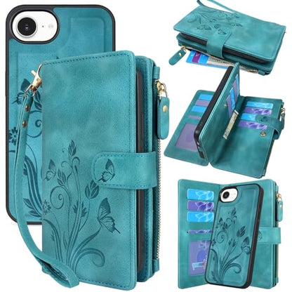 Case Wallet Compatible with iPhone 16e/17e, [12 Card Slots] ID Credit Cash Holder Zipper Pocket Detachable Leather Wallet Cover with Wrist Strap Lanyard（Floral Blue Green） - color: Floral Blue Green