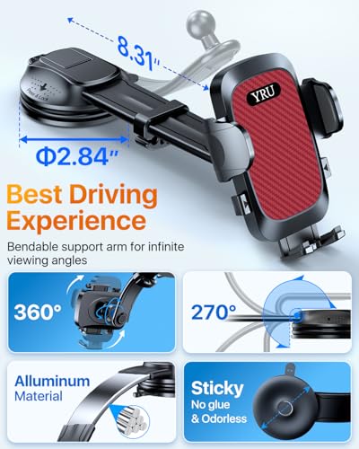 YRU [2026 Ultimate Car Phone Holder Mount [Bendable & Adjustable Aluminum Arm] Cell Phone Holder for Car Dashboard Windshield Phone Stand for iPhone 17 16 15 14 Pro Max Samsung Pickup Truck,Tomato Red - color: Tomato Red
