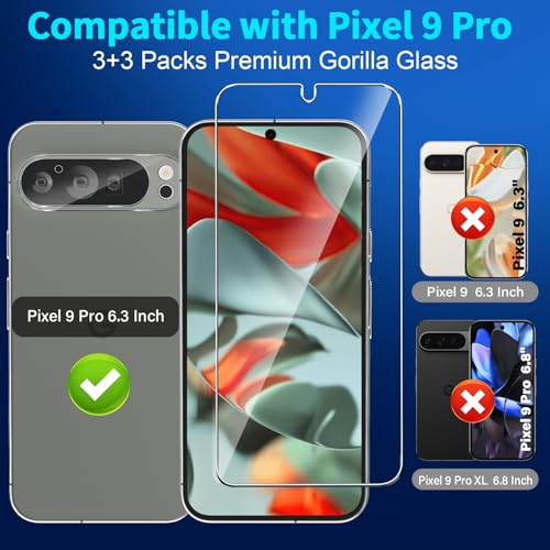 letosan 3 Pack for Google Pixel 9 Pro Screen Protector Tempered Glass + 3 Pack Camera Lens Protector, Military Grade Shatterproof, 9H Hardness, Fingerprint Unlock,Case Friendly 6.3 Inch - size: Pixel 9 Pro 6.3 Inch