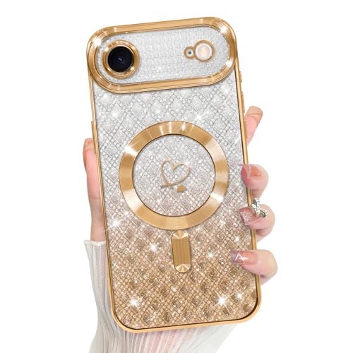 Bonoma Compatible with iPhone Air Case 2025 Heart Glitter Checkered -Gold | Support for MagSafe, Plating Magnetic Case TPU Camera Protection Back Cover for Girls Women - color: Checkered-Gold, size: iPhone Air
