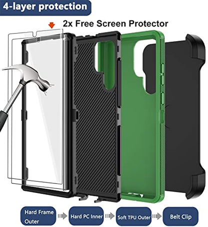 for Samsung Galaxy S22 Ultra Case with Belt Clip Holster, 2X Screen Protector, Military Grade Protection Heavy Duty Full Body Shockproof Rugged Protective Cover for Samsung S22 Ultra 5G (Green B) - color: Green B