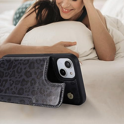 iCoverCase Compatible with iPhone 14 Plus Phone Case with Card Holder, Wallet Case for Women Men RFID Blocking PU Leather Protective Case 6.7 Inch (Black Leopard) - color: Black Leopard