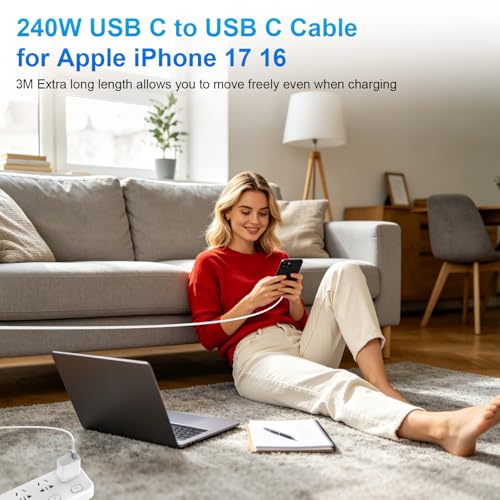 USB C Cable 10FT 240W Right Angle C to C Fast Charging Cable,White - color: White, size: 10 Feet