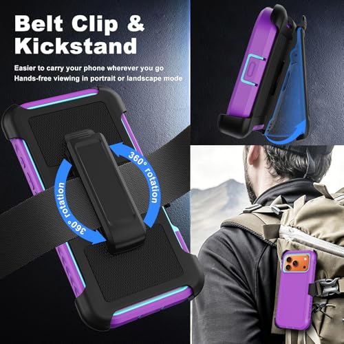 for iPhone 17 Pro Max Case with Belt Clip Holster,[Compatible with MagSafe]w/Screen Protector,Anti-Drop Shockproof Heavy Duty Protective Rugged Magnetic Phone Cover,with 360°Rotating Kickstand (Purple - color: Purple