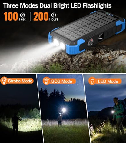 GOODaaa Solar Power Bank 24000mAh, Portable Charger with 4 Built-in Cables - color: Blue