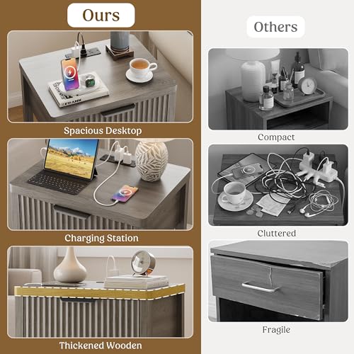 Night Stand Set 2, Fluted Wood Nightstands w/Charging Station for Bedroom - color: Dark Grey, size: 1 Drawer-Set of 2 Nightstand