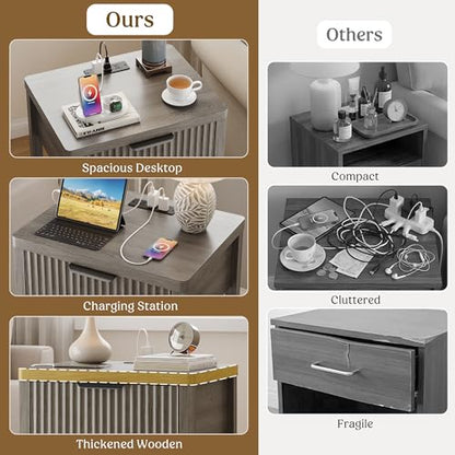 Night Stand Set 1, Fluted Wood Bedside Table w/Socket Station for Bedroom - color: Dark Grey, size: 1 Drawer-Set of 1 Nightstand