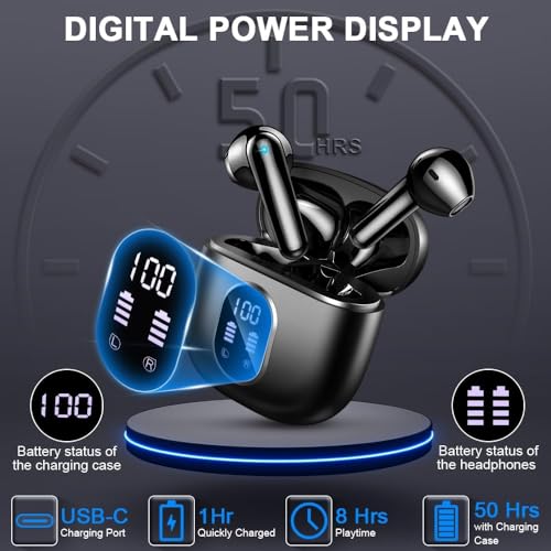 Wireless Earbuds, Bluetooth Headphones, Stereo Bass Ear Buds with ENC Noise Cancelling Mics, Bluetooth Earbuds with LED Display Charging Case, IP7 Waterproof Earphones for Android iOS/Glossy black - color: Glossy black