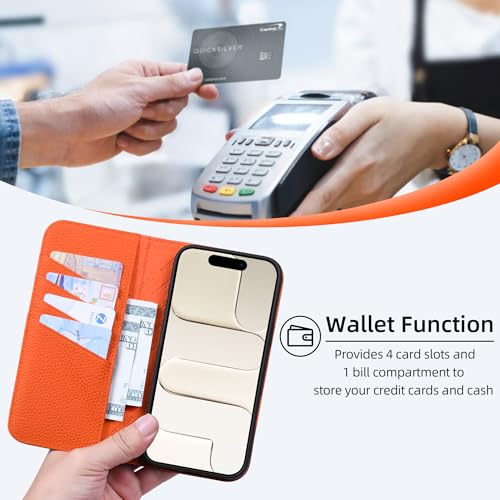 VISOUL Genuine Leather Wallet Case for iPhone 17 Pro Max 6.9" 2025, Pebbled Leather Flip Cover | RFID Blocking 4 Card Holders | Kickstand | Soft Inner Phone Shell | Blue+Orange - color: Blue+Orange