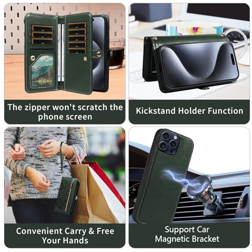 Asuwish Phone Case for iPhone 15 Pro 6.1 inch Zipper Wallet Detachable Cell Cover with Tempered Glass Screen Protector Wrist Strap Mandala Flower Card Holder i Phone15 i15 15Pro Women Men Dark Green - color: Dark Green