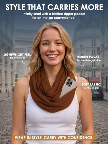 Pop Fashion Solid Color Hidden Zipper Pocket Scarf - Fashion Scarf for Women - All Seasons - color: Brown